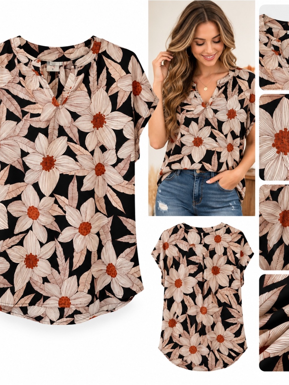 CAbi Black Floral Notch-Neck Blouse with Cream & Rust Flowers